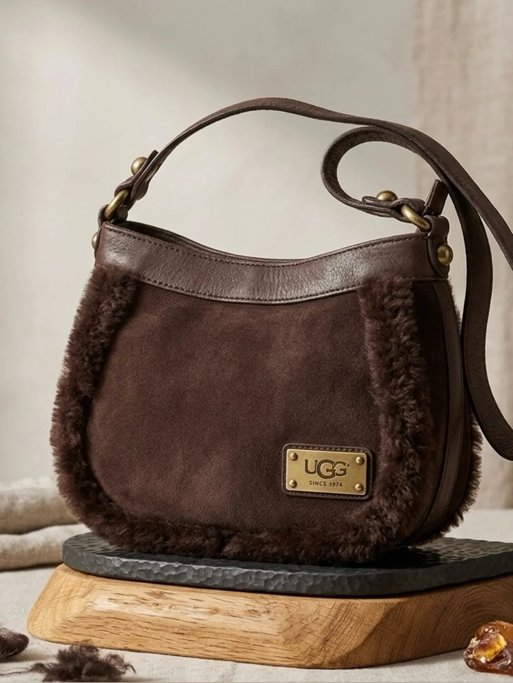 LMT: UGG Australia Suede Leather Shearling Classic Bailey Handbag in Dark Brown